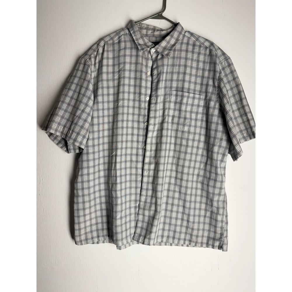 George Mens XL Plaid Button Down Shirt Short Sleeve White Navy Casual Pocket
